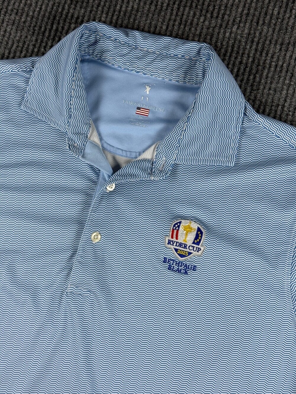 Fairway & Greene Ryder Cup 2025 Bethpage Black Polo Men XL S/S Blue White Stripe